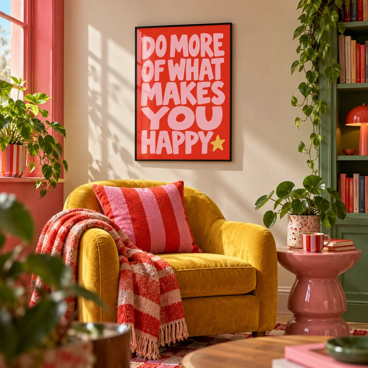 Happiness Print, framed on the wall of a maximalist reading corner in a living room