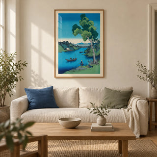 Hasui Kawase Bay Print, framed on the wall of a calm Japandi living room in a UK terraced house with warm cream plaster walls and oak floorboards