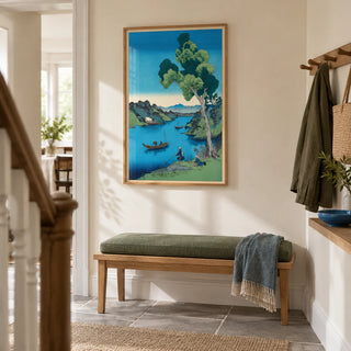 Hasui Kawase Bay Print, framed on the wall of a light hallway in a renovated UK terrace with a soft cream wall and grey stone floor