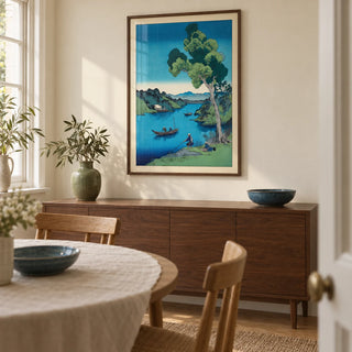 Hasui Kawase Bay Print, framed on the wall of a modest dining room in a UK home with pale cream walls