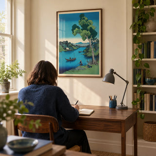 Hasui Kawase Bay Print, framed on the wall of a quiet study in a UK flat with warm cream walls and a built-in book alcove
