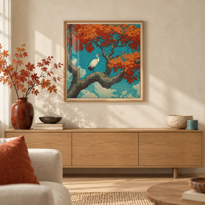 Hasui Kawase Crane Print, framed on the wall of a calm Japandi living room with a warm cream limewashed wall and a pale oak floor