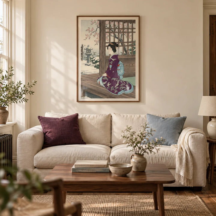 Hasui Kawase Geisha Print, framed on the wall of a quietly characterful living room in a UK Victorian terrace with warm ivory plaster walls and restored timber flooring