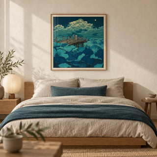Hasui Kawase Japanese Woodblock Lotus, framed on the wall of a calm Japandi bedroom with a warm white limewashed wall