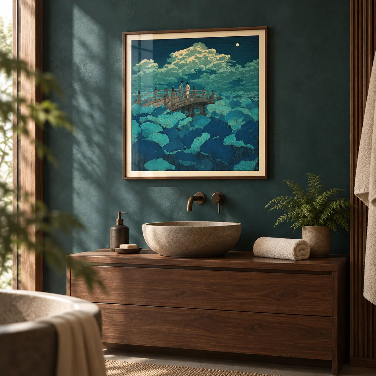 Hasui Kawase Japanese Woodblock Lotus, framed on the wall of a spa-like Japandi bathroom with a smooth deep teal plastered wall