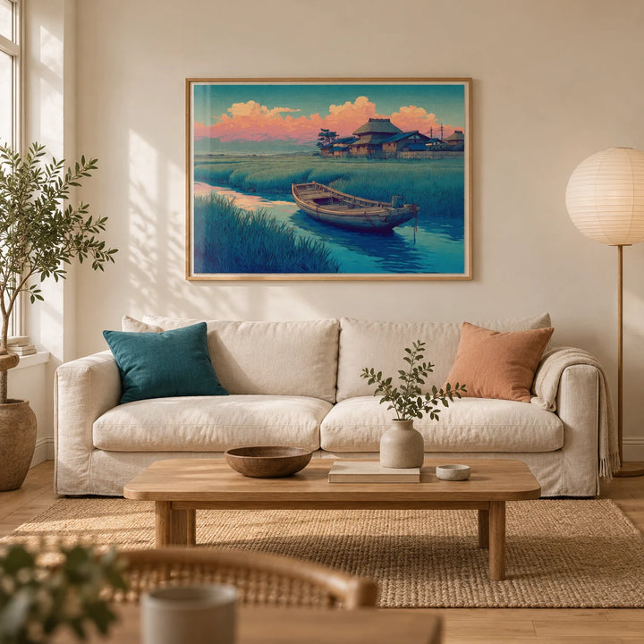 Hasui Kawase River Boat, framed on the wall of a calm Japandi living room in a UK terraced house with warm cream plaster walls and an oak floor