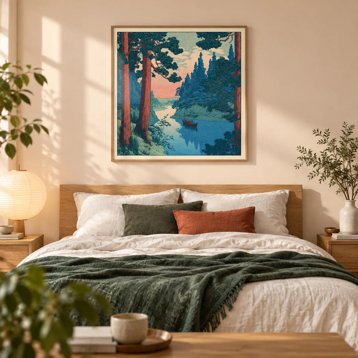 Hasui Kawase River Boat Print, framed on the wall of a calm bedroom with a soft peach-white wall