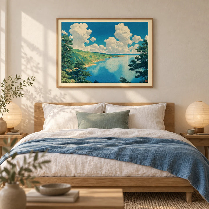 Hasui Kawase Seascape Print, framed on the wall of a calm Japandi bedroom with a warm white plaster wall