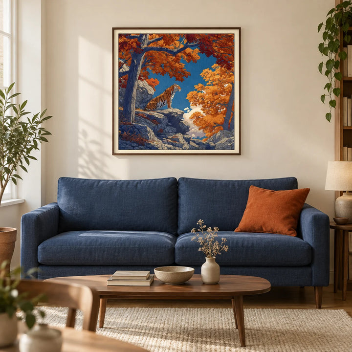 Hasui Kawase Tiger Art Print, framed on the wall of a warm contemporary living room in a UK terraced house with cream plaster walls and oak floorboards