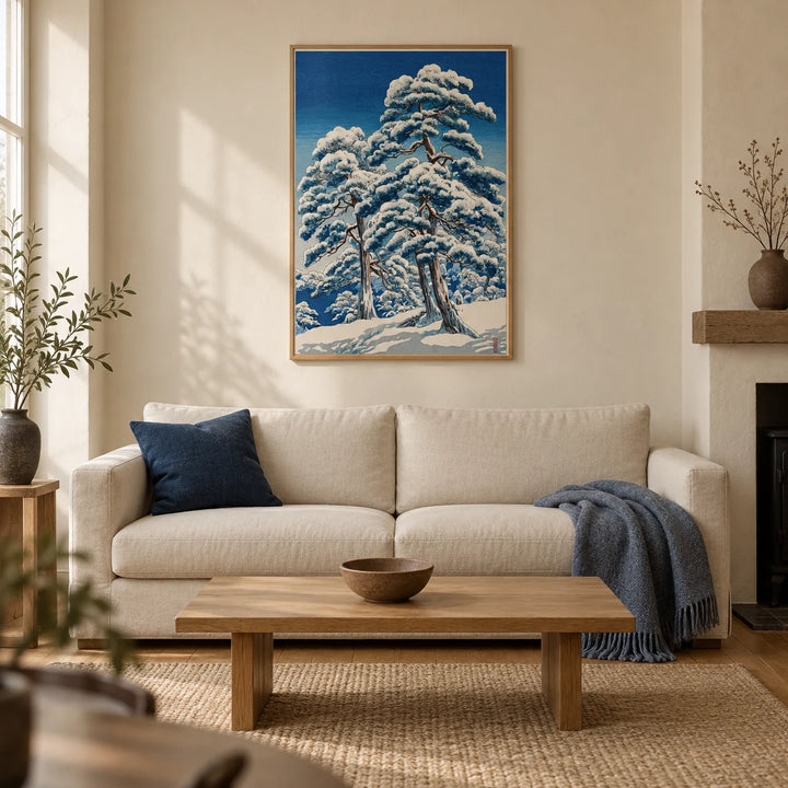Hasui Kawase Winter Landscape Print, framed on the wall of a calm Japanese-influenced living room in a UK terraced house with warm ivory plaster walls and oak floorboards