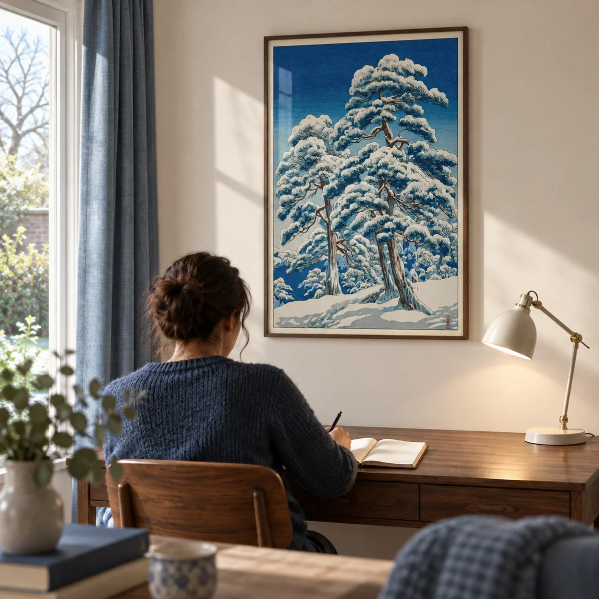 Hasui Kawase Winter Landscape Print, framed on the wall of a quiet home study overlooking a small UK garden with an ivory wall and plain blue-grey curtains