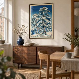 Hasui Kawase Winter Landscape Print, framed on the wall of a small Japanese-influenced dining room in a UK flat with warm white walls and a plain oak floor