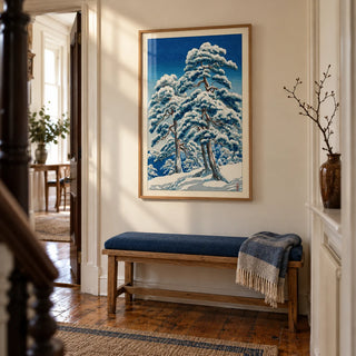 Hasui Kawase Winter Landscape Print, framed on the wall of a welcoming narrow hallway in a Victorian terrace with cream walls and restored timber floorboards