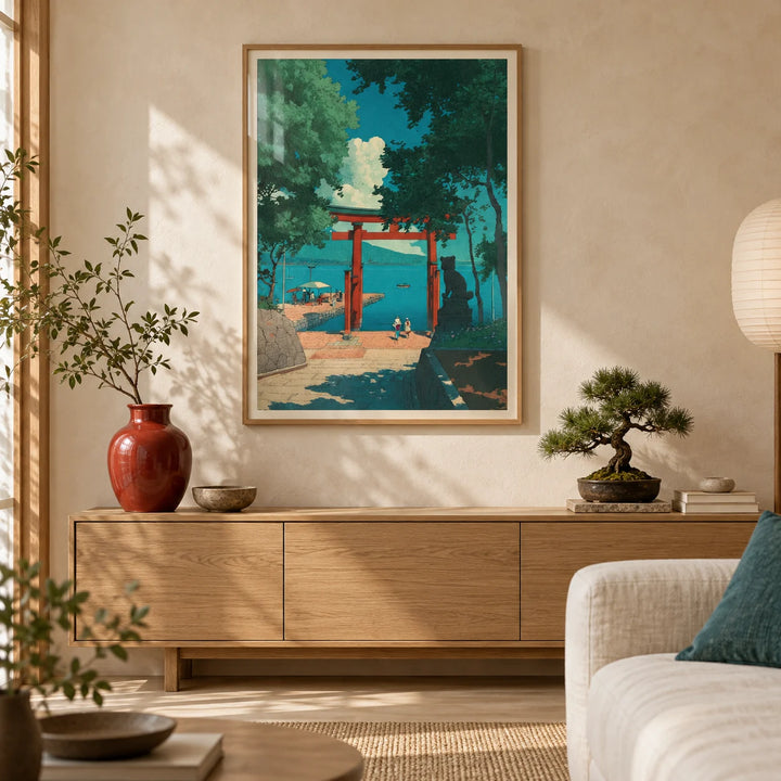 Hasui Kawase Woodblock Style Print, framed on the wall of a calm Japandi living room with a warm cream limewashed wall and a pale oak floor