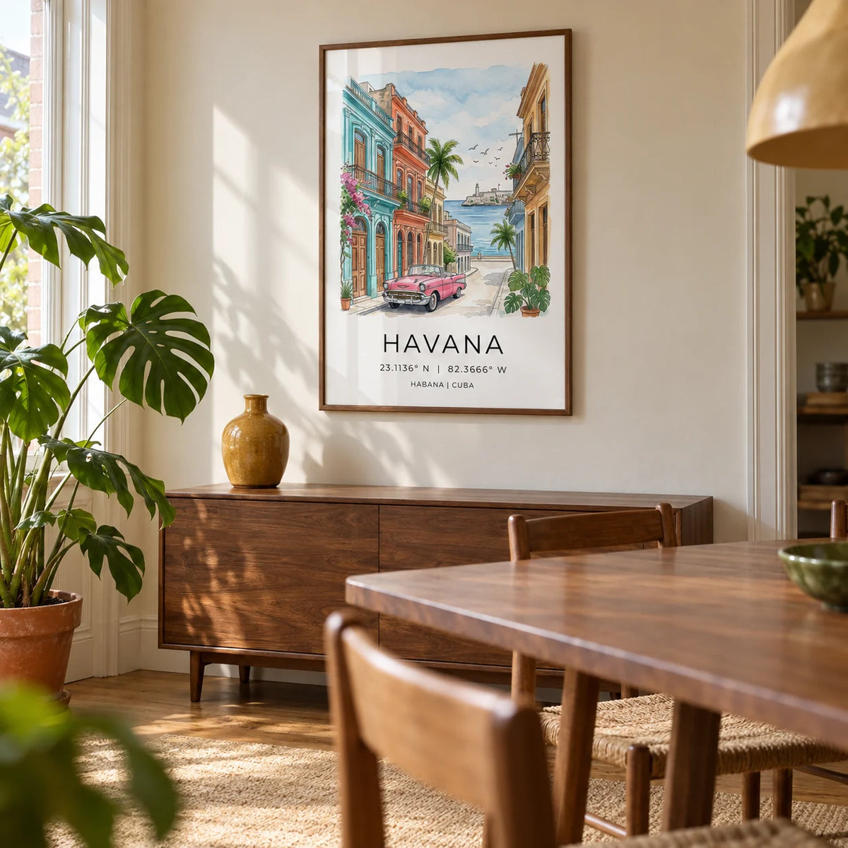 Havana Wall Art, framed on the wall of a characterful dining room in a UK maisonette with pale warm walls and a restored walnut dining table