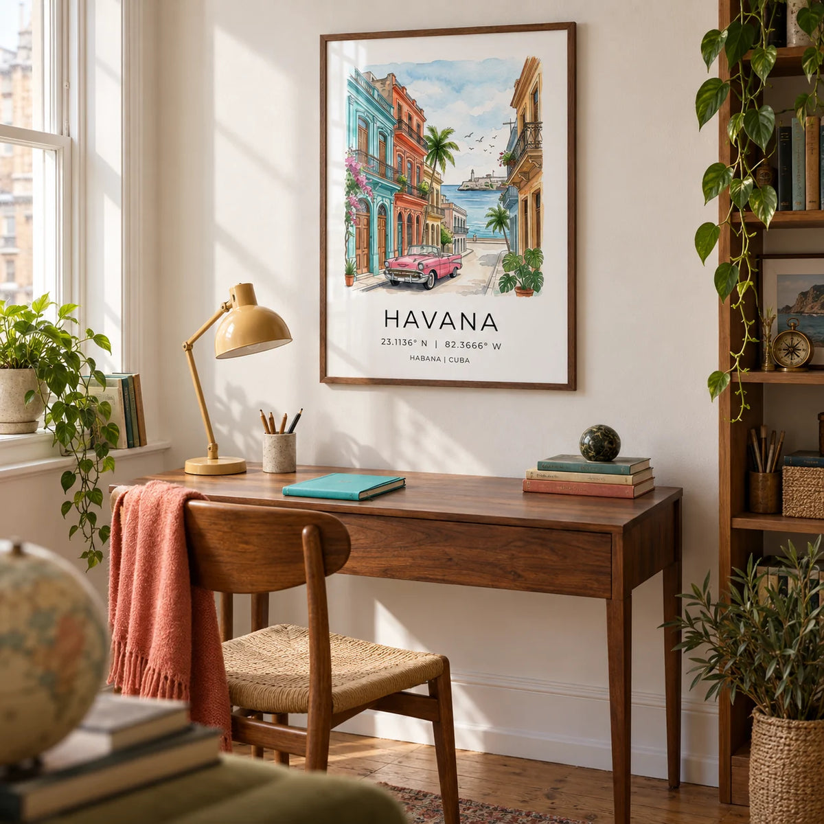 Havana Wall Art, framed on the wall of a light home study in a UK flat belonging to a travel enthusiast with a warm white wall and wooden floorboards