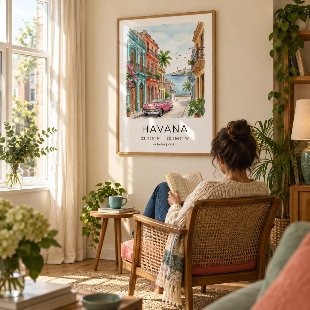 Havana Wall Art, framed on the wall of a relaxed reading corner in a UK bay-window sitting room with a warm cream wall in a living room