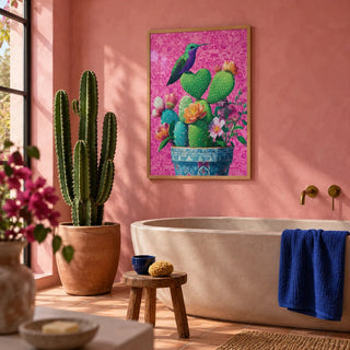 Heart Shaped Cactus, framed on the wall of a Mexican-modern bathroom with smooth pink plaster walls