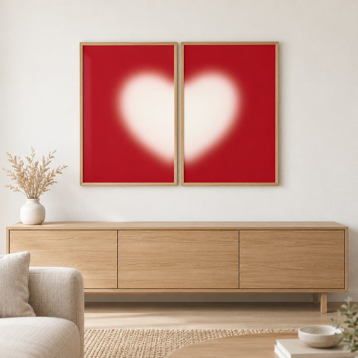 Heart Wall Art Set of 2 hung at eye level above a light oak sideboard: Cream Heart Left and Cream Heart Right shown framed side by side (frames not included)