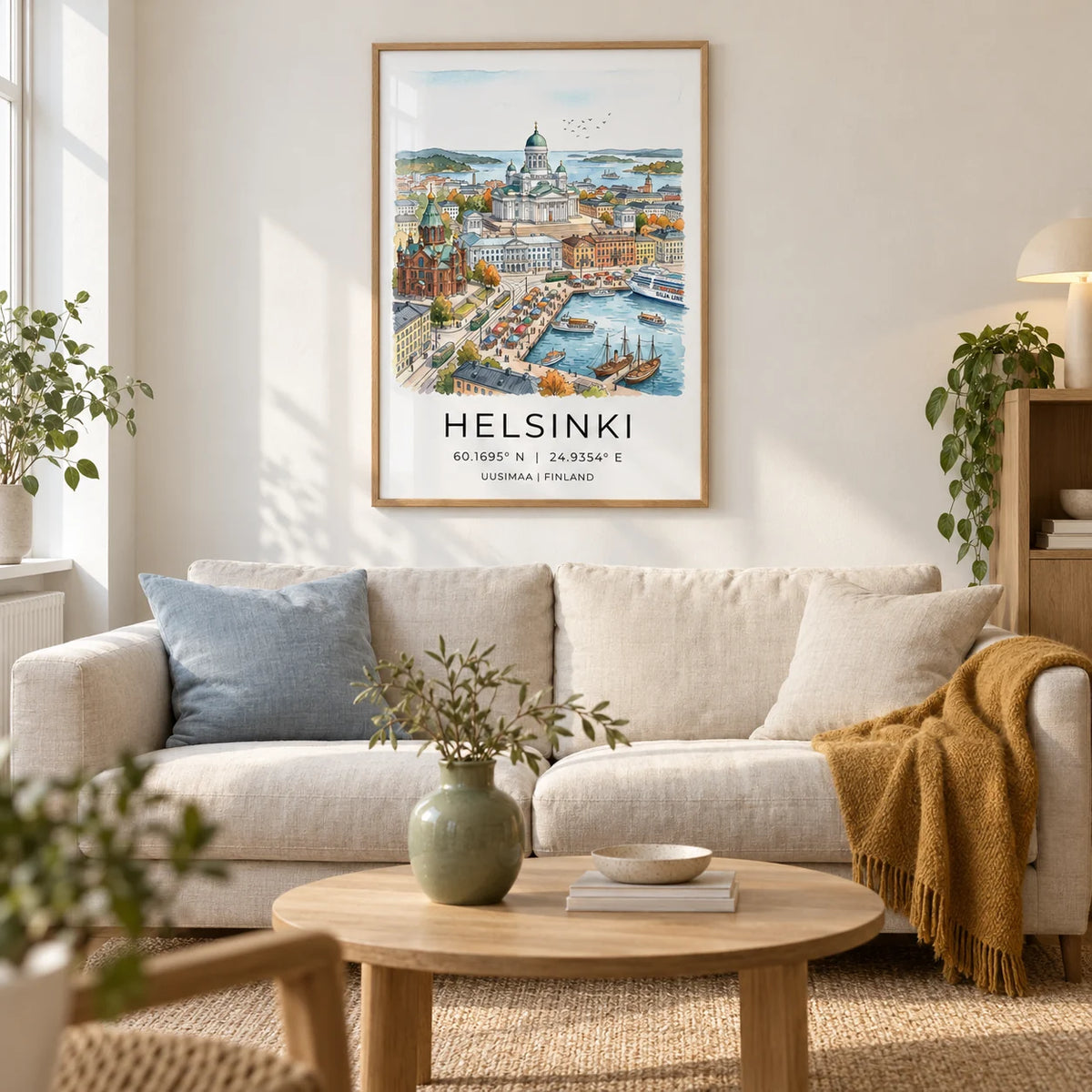 Helsinki Watercolor Art Print, framed on the wall of a calm Nordic living room in a UK city flat with warm white plaster walls and pale oak floorboards