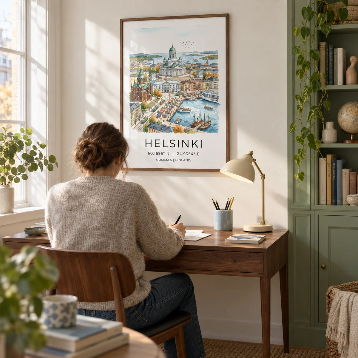 Helsinki Watercolor Art Print, framed on the wall of a quiet home study for a Nordic travel enthusiast with a warm white wall and a sage green painted cupboard
