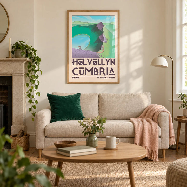 Helvellyn Cumbria Wall Art, framed on the wall of a welcoming living room in a walker's Victorian terrace with warm off-white plaster walls