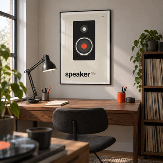 Hi Fi Poster, framed on the wall of a compact home study for a music-loving designer with pale grey walls and a wide walnut desk