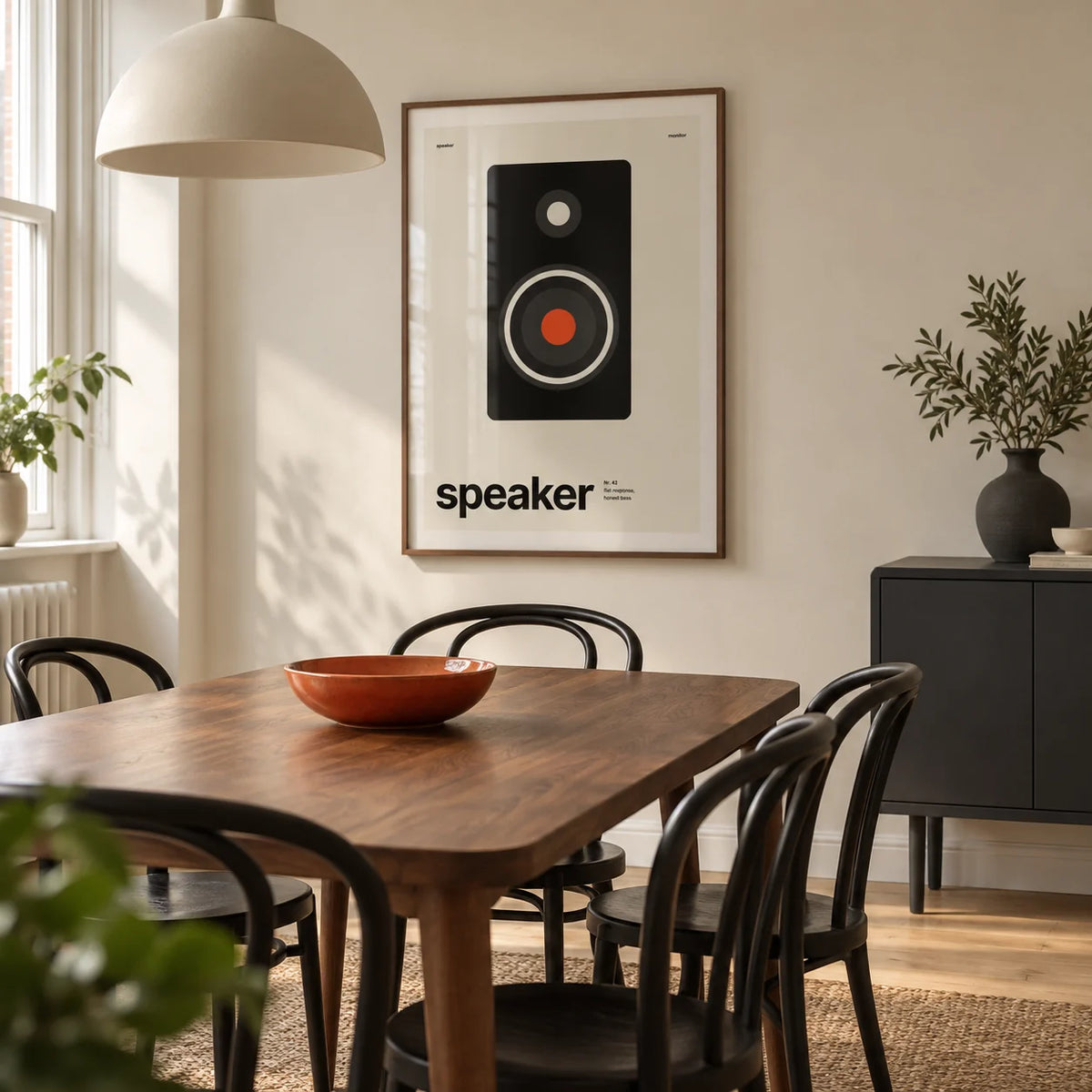 Hi Fi Poster, framed on the wall of a modern dining room in a UK maisonette with a cream wall and pale timber floor