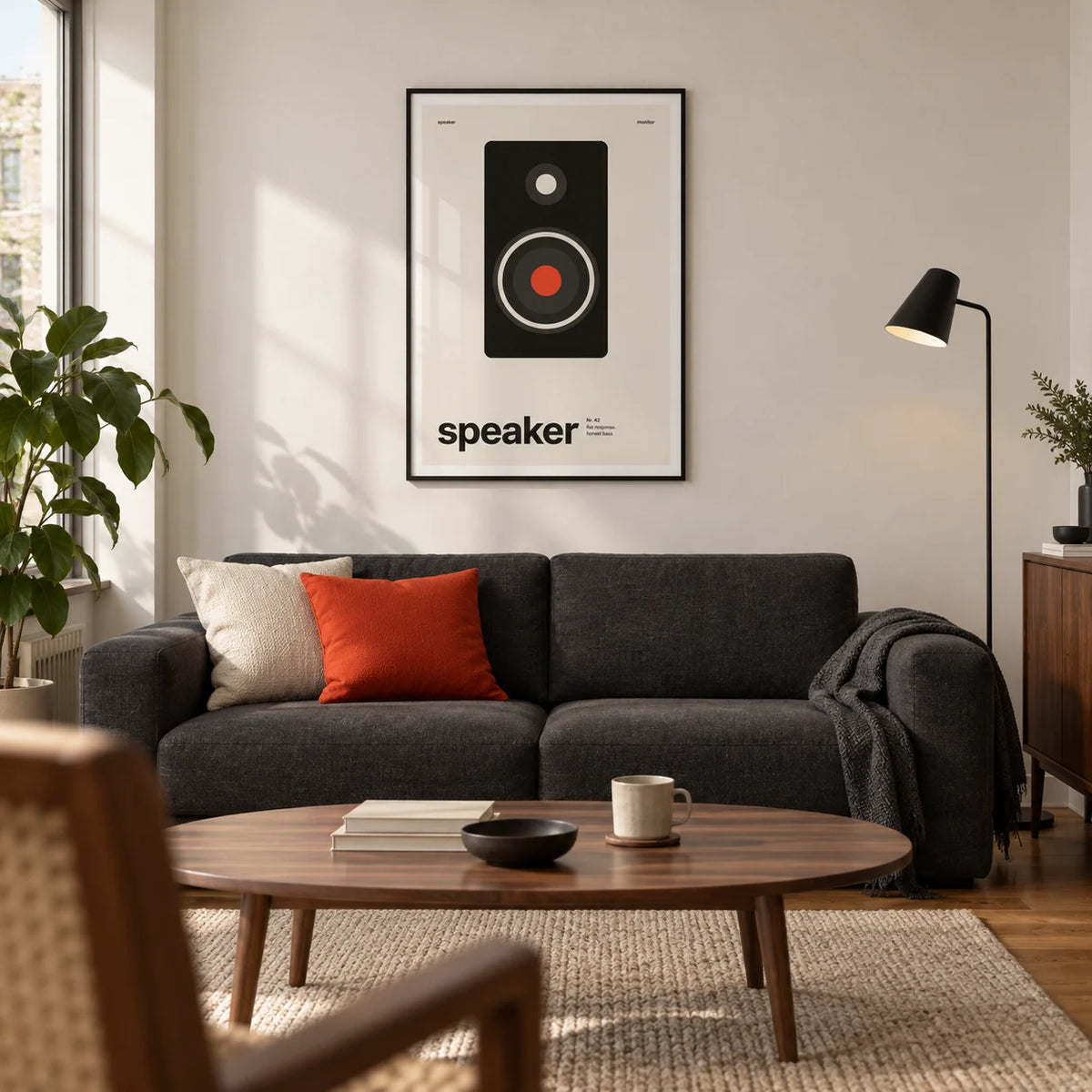Hi Fi Poster, framed on the wall of a modern living room in a UK city flat with warm white walls