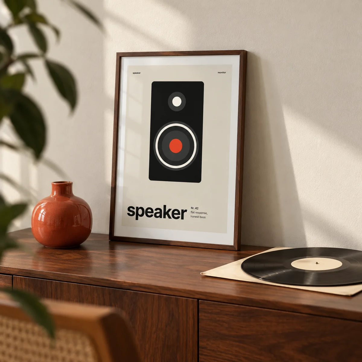 Hi Fi Poster, a small A4 framed print leaning on a walnut sideboard in a living room