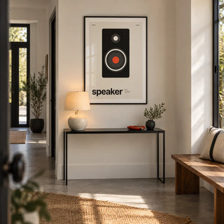 Hi Fi Poster, framed on the wall of a wide entrance hallway in a design-conscious UK home with warm white walls and a grey concrete floor