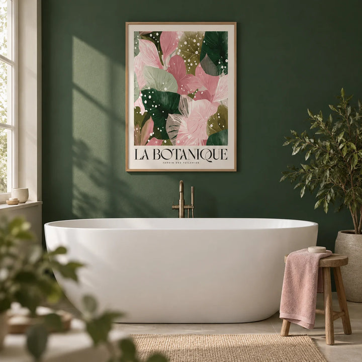 High Quality Art Prints, framed on the wall of a calm bathroom with a deep forest green painted wall