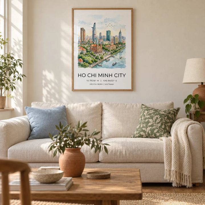 Ho Chi Minh City Wall Art, framed on the wall of a calm living room in a UK terraced house with warm ivory plaster walls and oak floorboards