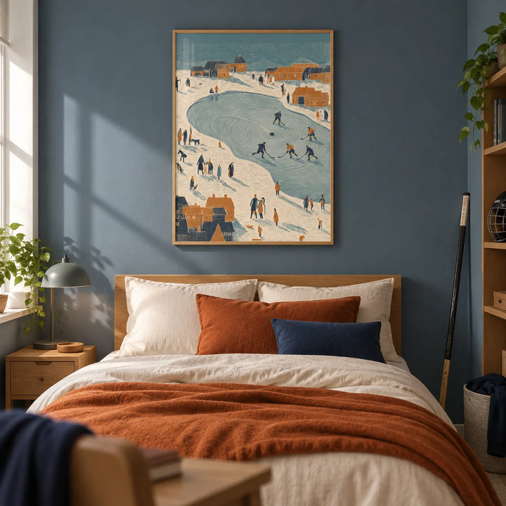 Hockey Winter Art Print, framed on the wall of a sporty teenager's bedroom (14-17) with a slate blue painted wall