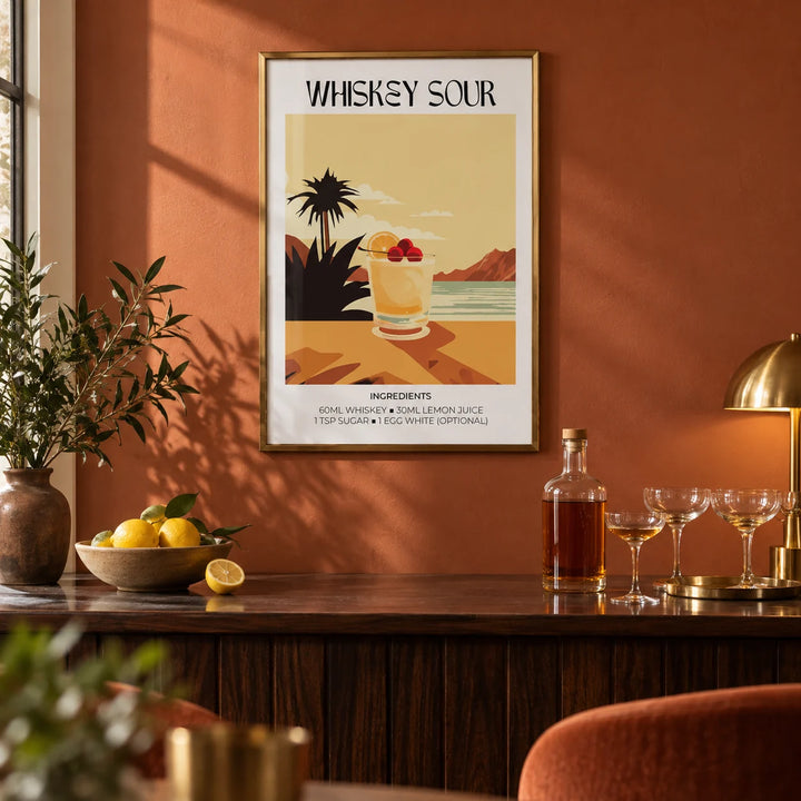 Home Bar Art, framed on the wall of a warm home bar with a terracotta painted wall in a living room