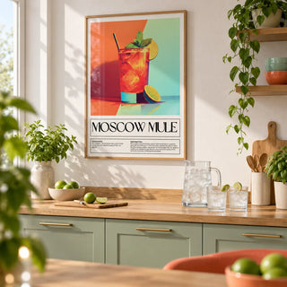 Home Bar Decorations, framed on the wall of a modern kitchen with mint green cabinets