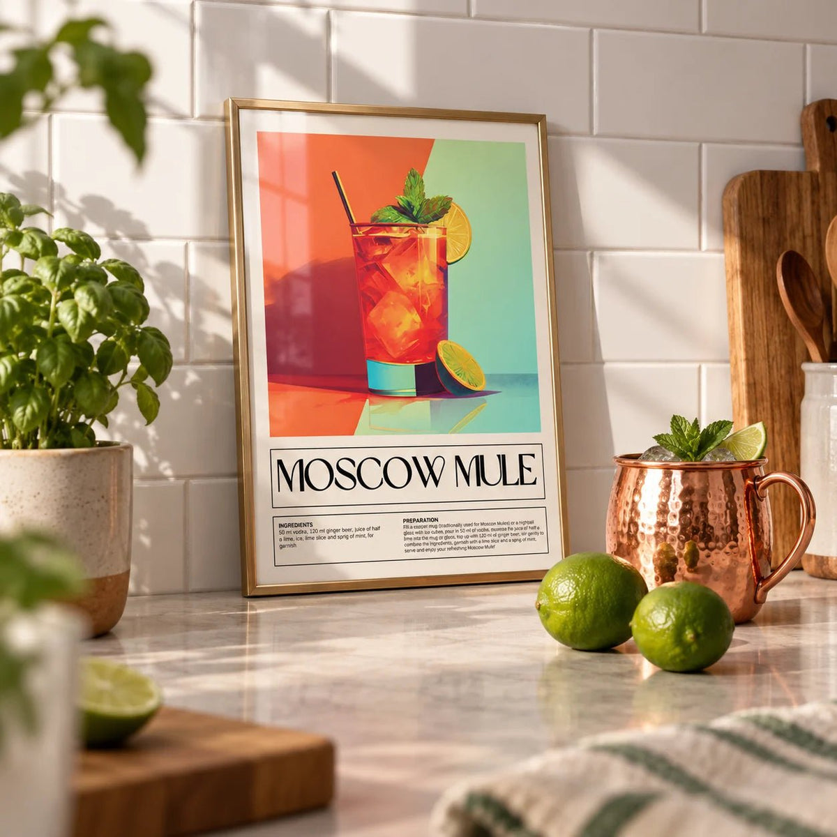 Home Bar Decorations, a small A4 framed print leaning on a worktop in a kitchen