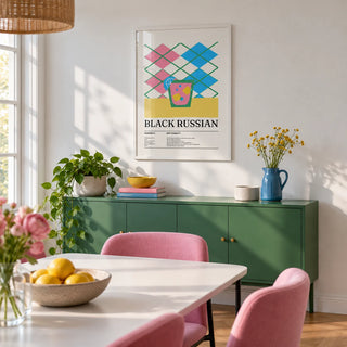 Home Bar Wall Art, framed on the wall of a bright dining room with a white wall