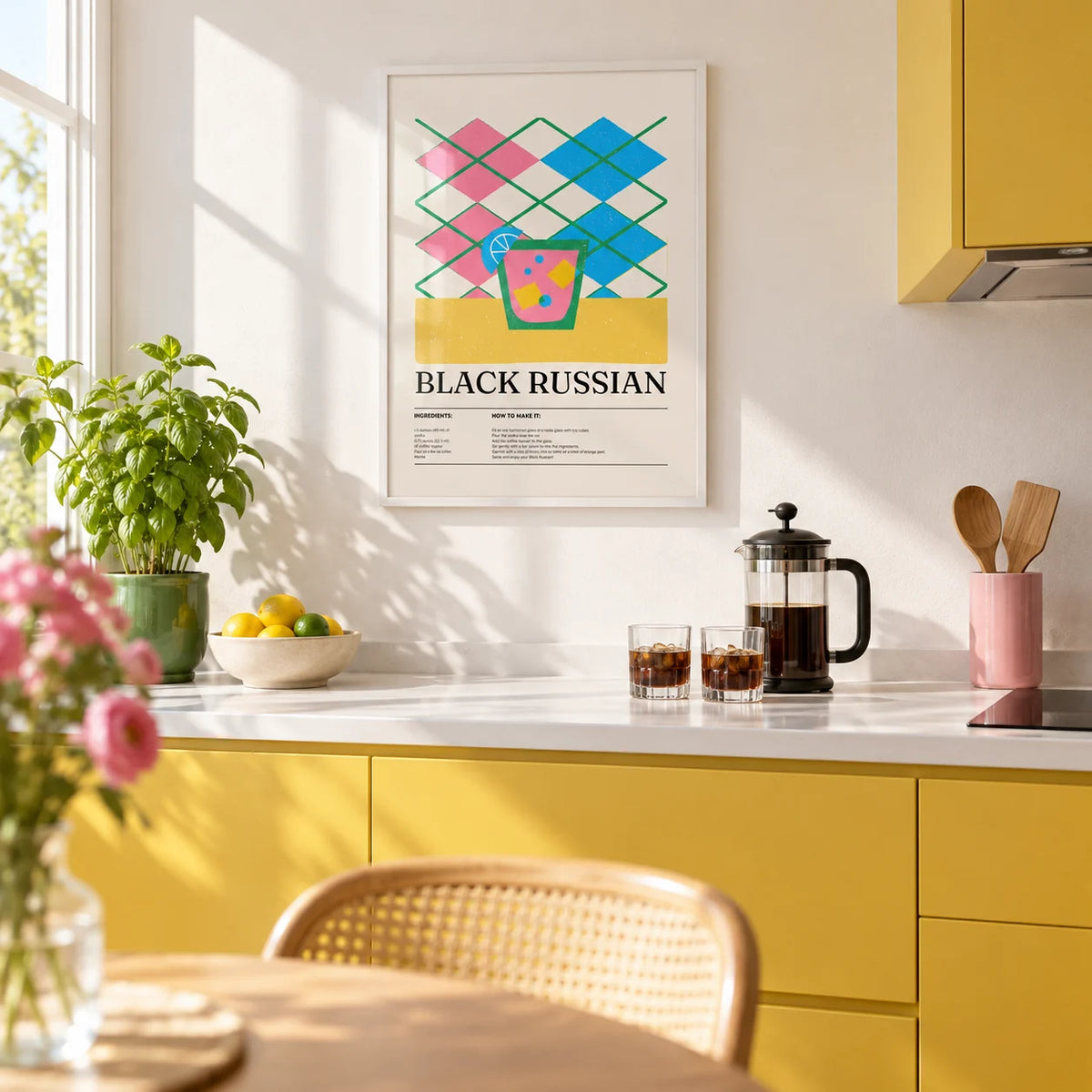 Home Bar Wall Art, framed on the wall of a bright kitchen with plain sunny yellow cabinets and a white worktop