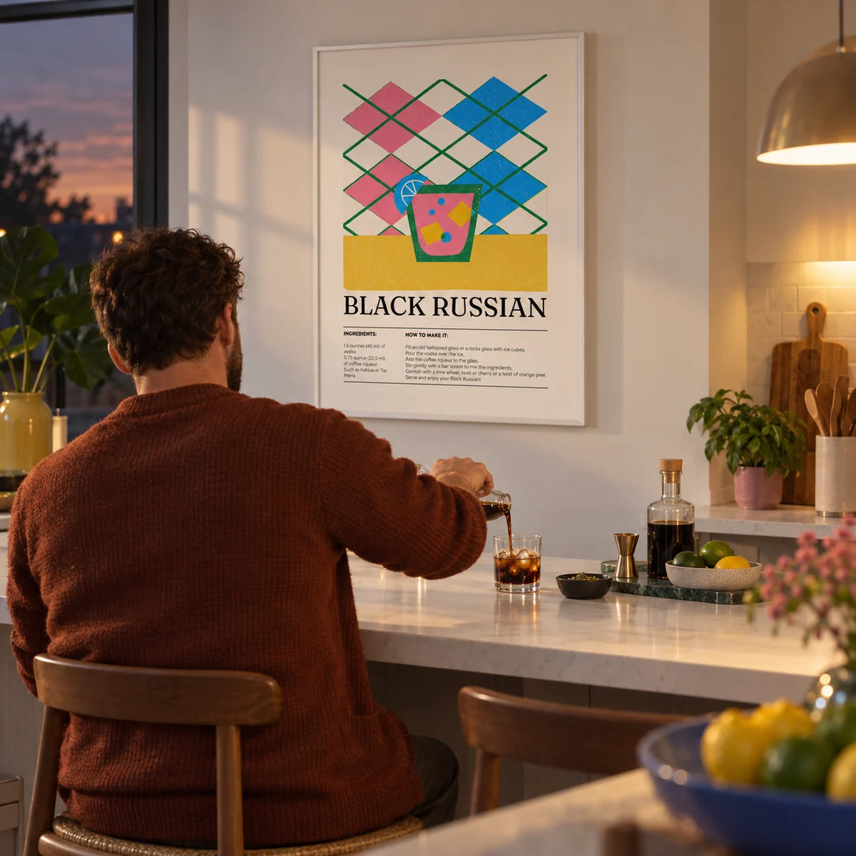 Home Bar Wall Art, framed on the wall of a bright kitchen with a white island