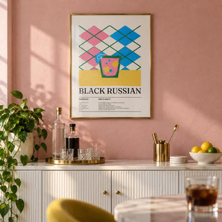 Home Bar Wall Art, framed on the wall of a home bar with a soft pink plaster wall in a living room