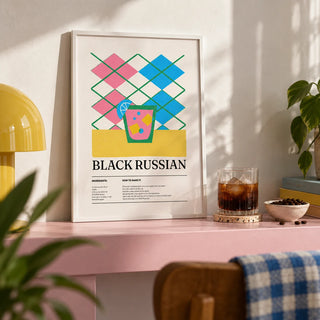 Home Bar Wall Art, a small A4 framed print leaning on a pale pink painted shelf in a living room