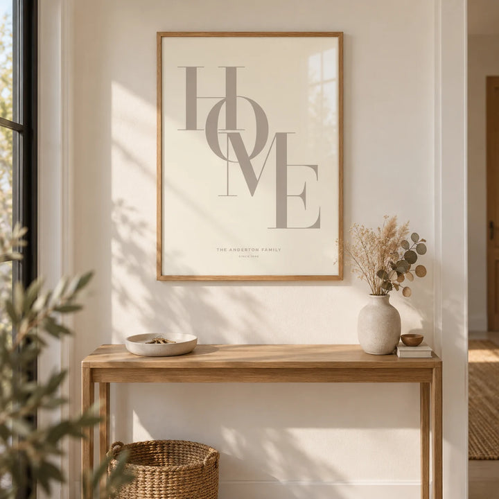 Home Beige Personal Print, framed on the wall of a welcoming entrance hall with a warm white wall