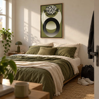 Home Gym Wall Art, framed on the wall of a tidy bedroom in a first flat (22-28)