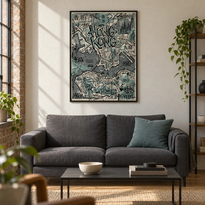 Hong Kong Map Wall Art, framed on the wall of a modern living room in a converted UK warehouse flat with a warm white plaster wall and timber floor
