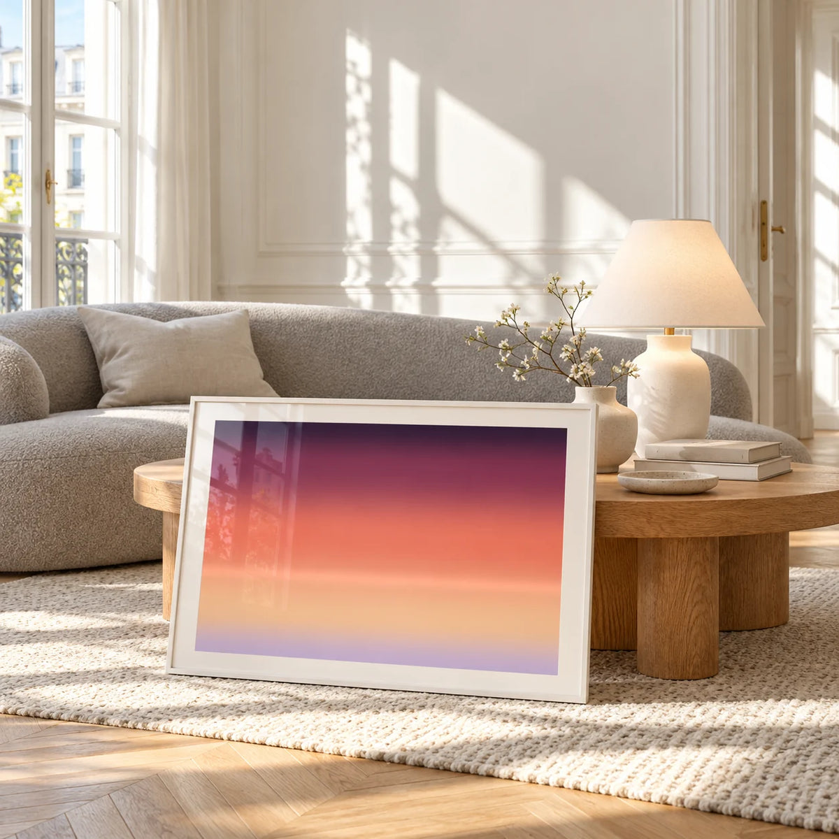 Horizon Print, framed and leaning against a coffee table in a bright living room