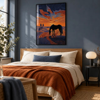 Horse Sunset Art Print, framed on the wall of a calm modern double bedroom with a muted slate blue wall and warm oak floor