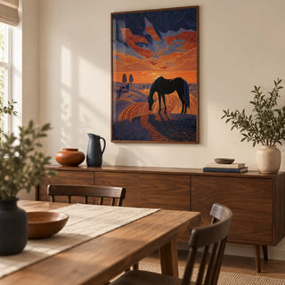 Horse Sunset Art Print, framed on the wall of a compact modern dining room in a UK first home with cream walls