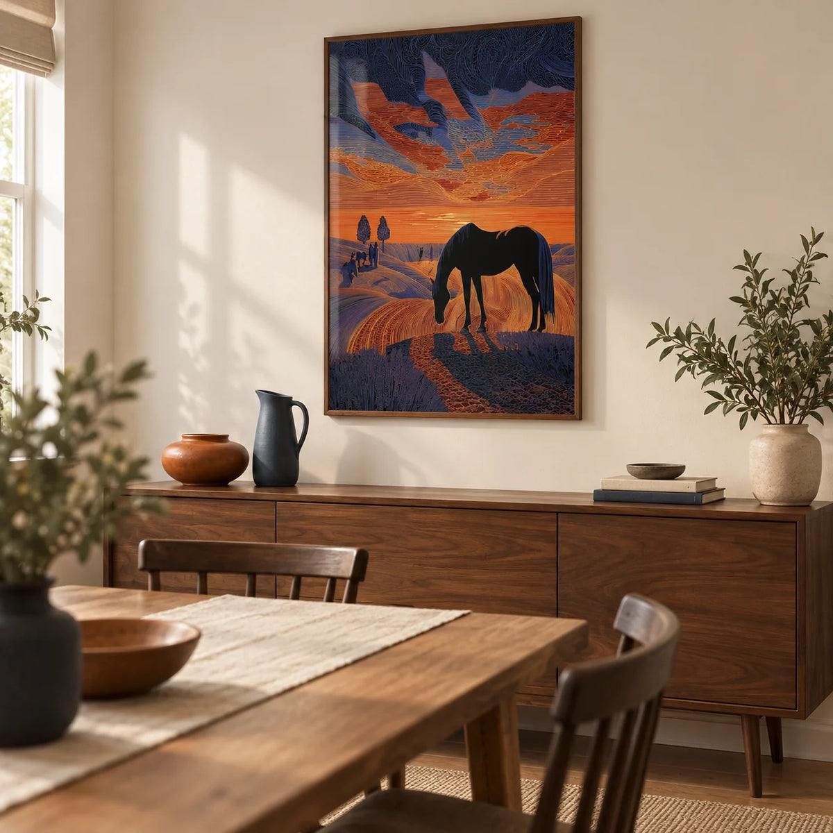 Horse Sunset Art Print, framed on the wall of a compact modern dining room in a UK first home with cream walls