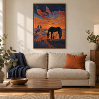 Horse Sunset Art Print, framed on the wall of a contemporary living room in a UK terraced house with warm off-white walls